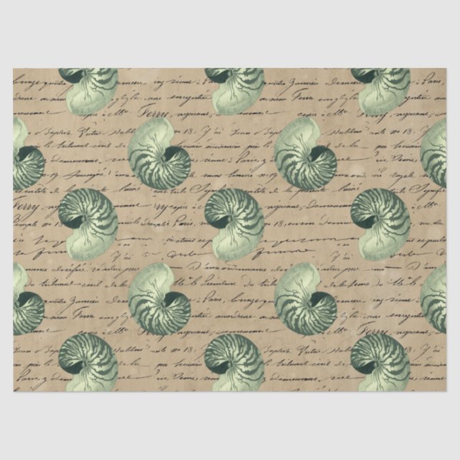 Green Spiral Seashells auf Tan Decoupage Seidenpapier (Vorderseite)