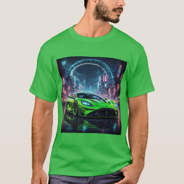 Green Sports Car auf der Rainy Neon Street T-Shirt (Vorderseite)