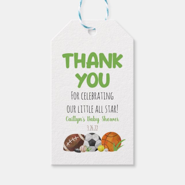 Green Sports Themed Baby Dusche Gefallen Geschenkm Geschenkanhänger (Vorderseite)