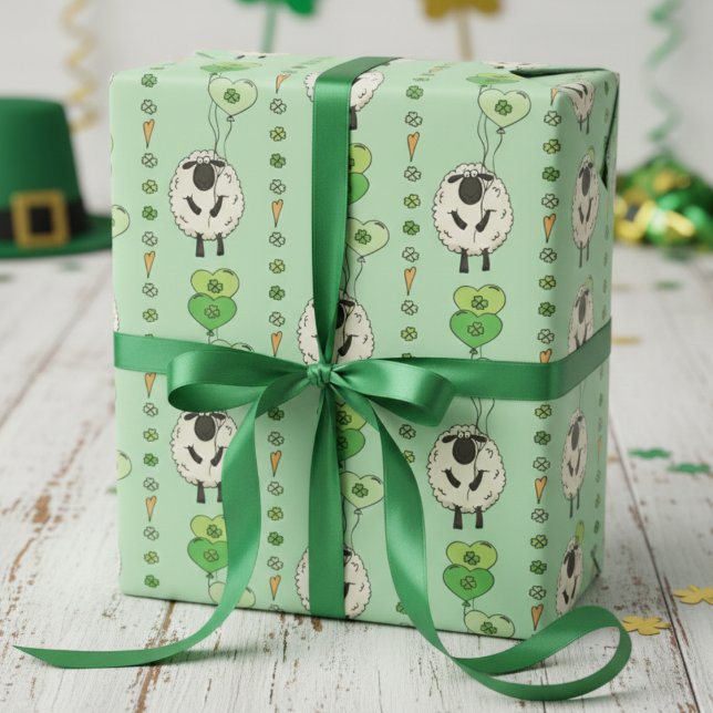 Green St. Patrick’s Day Sheep & Shamrock Balloons Geschenkpapier (Happy Saint Patricks Day Gift Wrap. Striped Pattern of Irish Sheep & Green Shamrock Heart Balloons)