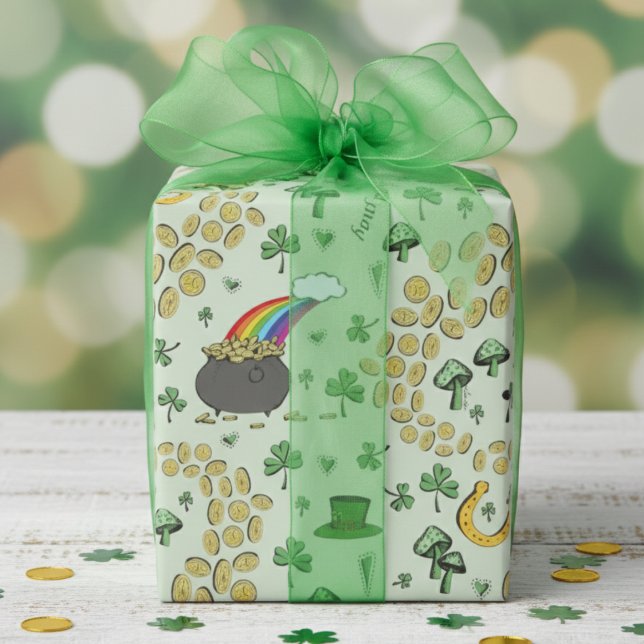 Green St. Patrick's Day Leprechaun Pot of Gold Geschenkpapier (Fun St Patrick's Day Wrapping Paper for Kids. Lucky Green Shamrock Pattern, Rainbow, Leprechaun Hat)