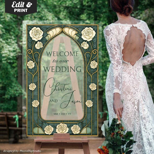 Green Stained Glass Art Nouveau Wedding Welcome  Acrylschild (Sage Stained Glass Floral Wedding Welcome Acrylic Art Nouveau Sign Frosted Look Sign)
