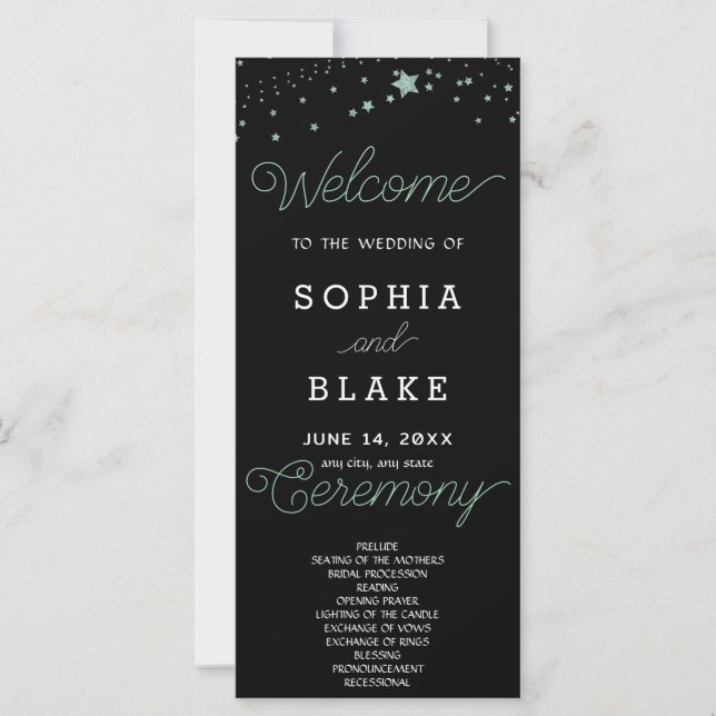 Green Stars Celestial Black Wedding Program (Vorderseite)