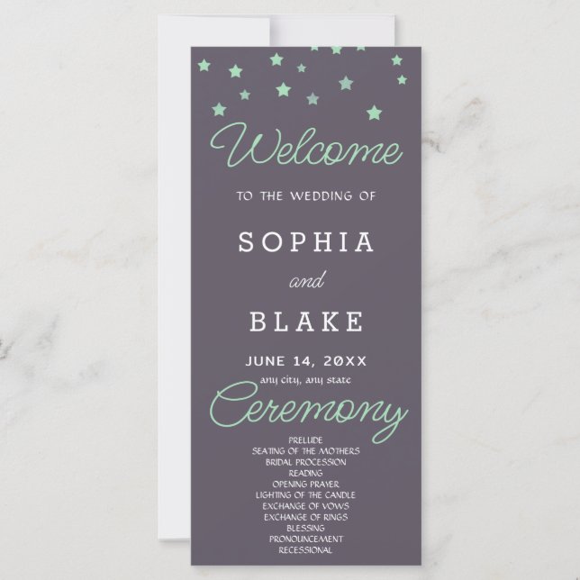 Green Stars Celestial Smoke Gray Wedding Programm (Vorderseite)