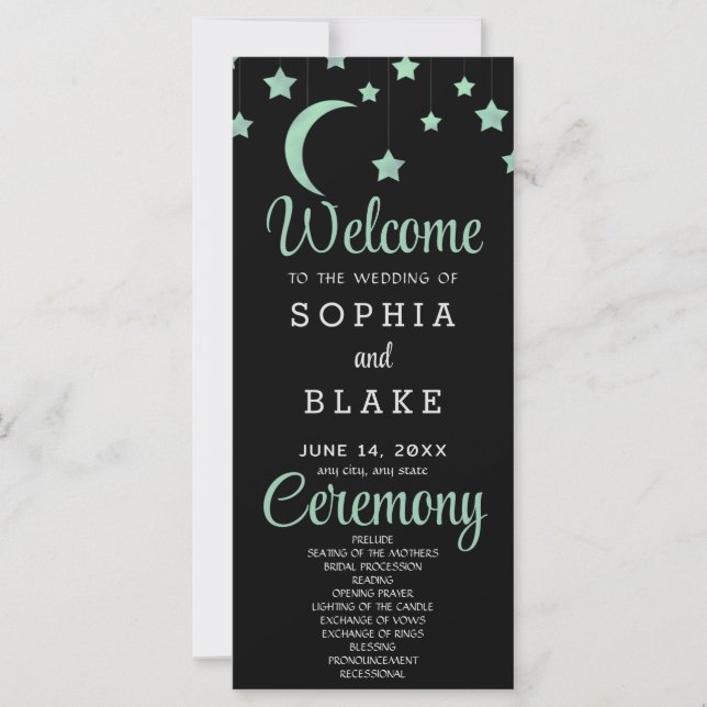 Green Stars Crescent Moon Black Wedding Programm (Vorderseite)