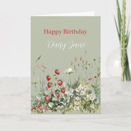 Green Strawberries Daisy Flowers Birthday Karte