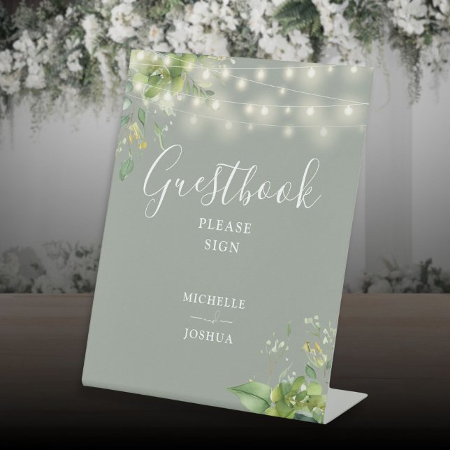 Green String Lights Sage Green Gästebuch Sockelschild (Greenery String Lights Sage Green Guestbook Pedestal Sign)