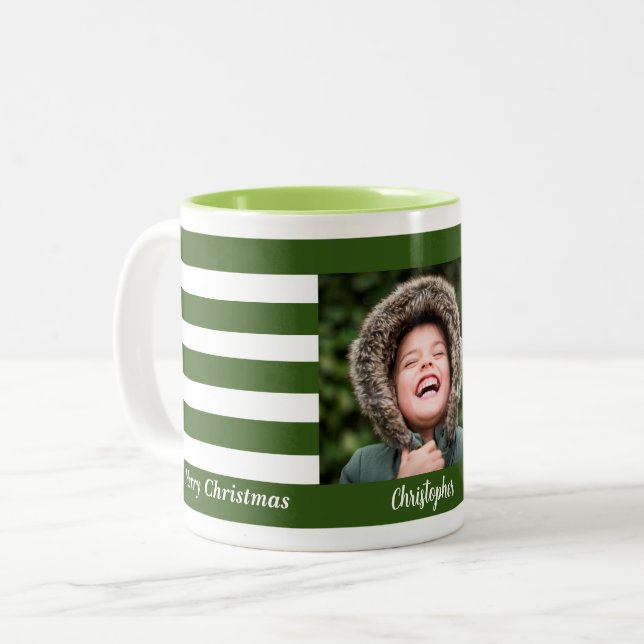 Green Stripe Marine Holiday Foto Collage Zweifarbige Tasse (Vorderseite Links)