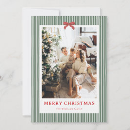 Green Stripe Red Bow Christmas Photo Holiday Card Feiertagskarte