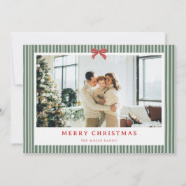 Green Stripe Red Bow Christmas Photo Holiday Card Feiertagskarte