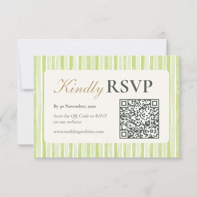 Green Stripe Wedding RSVP Postcards with QR Code (Vorderseite)
