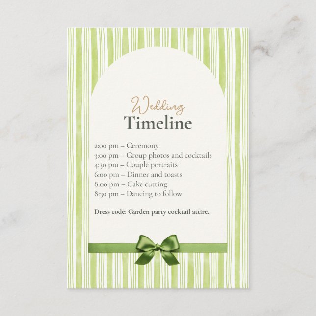 Green Stripe Wedding Timeline Cards with QR Code Begleitkarte (Vorderseite)