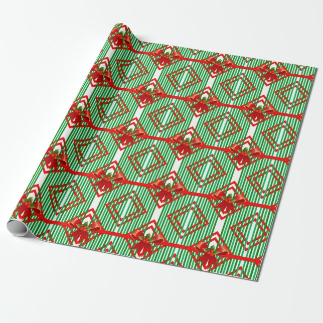 Green Striped Red Bow Accent Retro Weihnachten Geschenkpapier (Ungerollt)