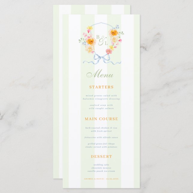 Green Stripes & Floral Crest Spring Wedding Menu Menükarte (Vorne/Hinten)