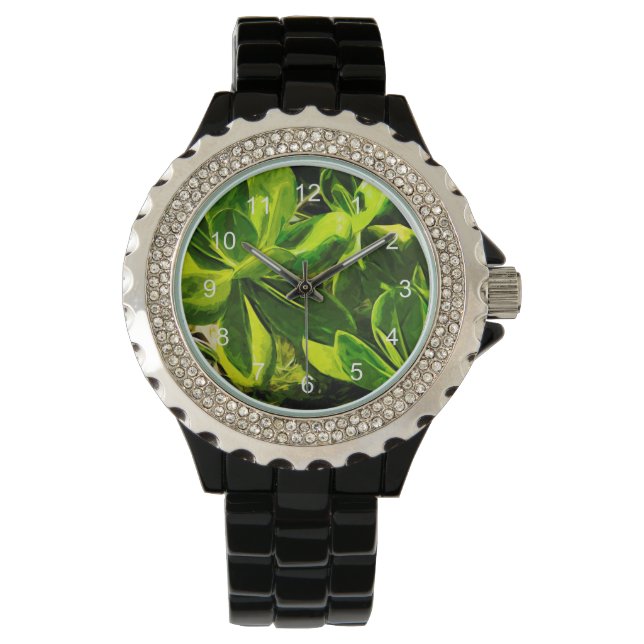 Green Succulent Ocean Beach Pflanze Abstrakt Armbanduhr (Vorderseite)