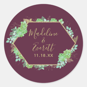 Green Succulents Gold Frame Monogram Wedding Runder Aufkleber