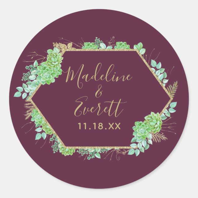 Green Succulents Gold Frame Monogram Wedding Runder Aufkleber (Vorderseite)