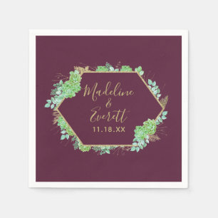 Green Succulents Gold Frame Wedding Monogram Serviette