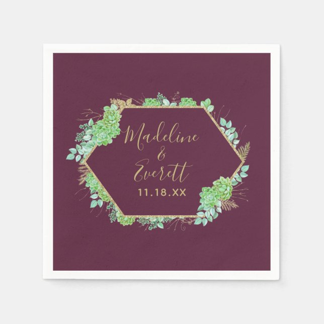 Green Succulents Gold Frame Wedding Monogram Serviette (Vorderseite)