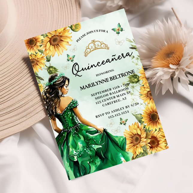 Green Sunflower Butterfly Prinzessin Quinceañera Einladung (Von Creator hochgeladen)