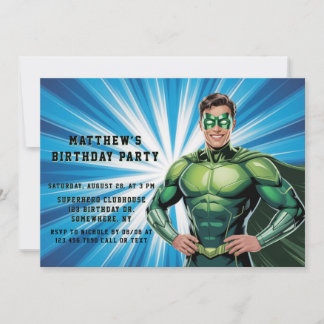 Green Superhero Boys Birthday Party Einladung