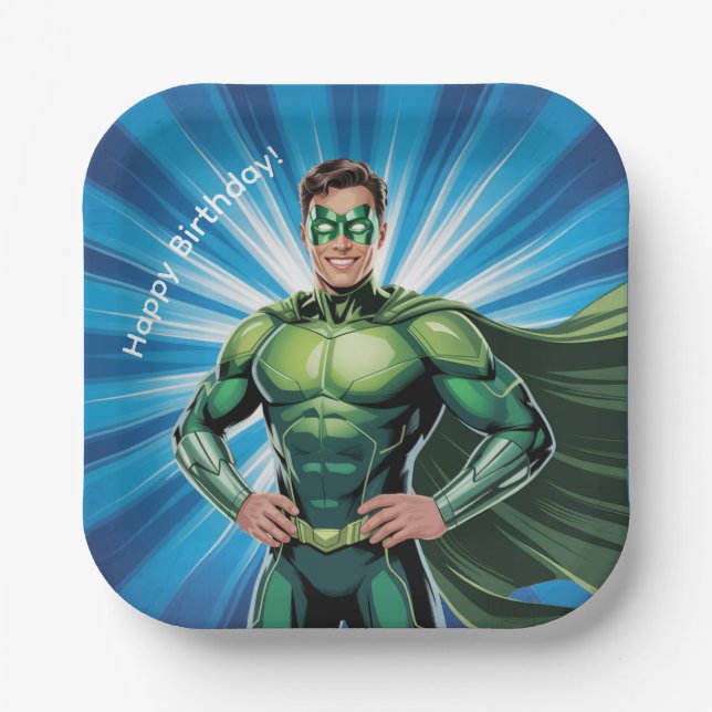 Green Superhero Boys Birthday Party Pappteller (Vorderseite)