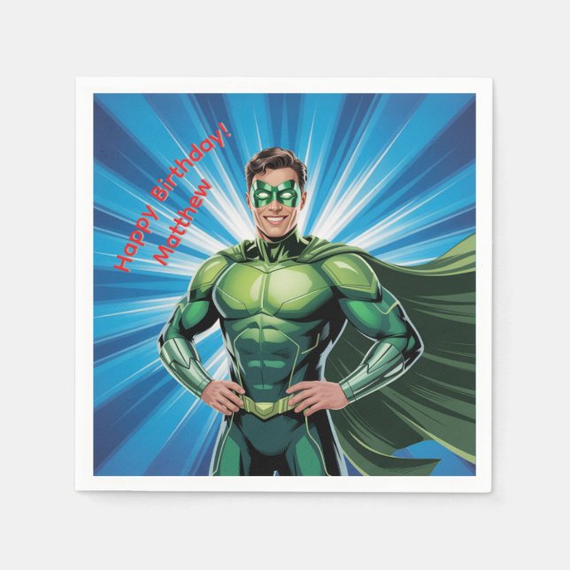 Green Superhero Boys Birthday Party Serviette (Vorderseite)