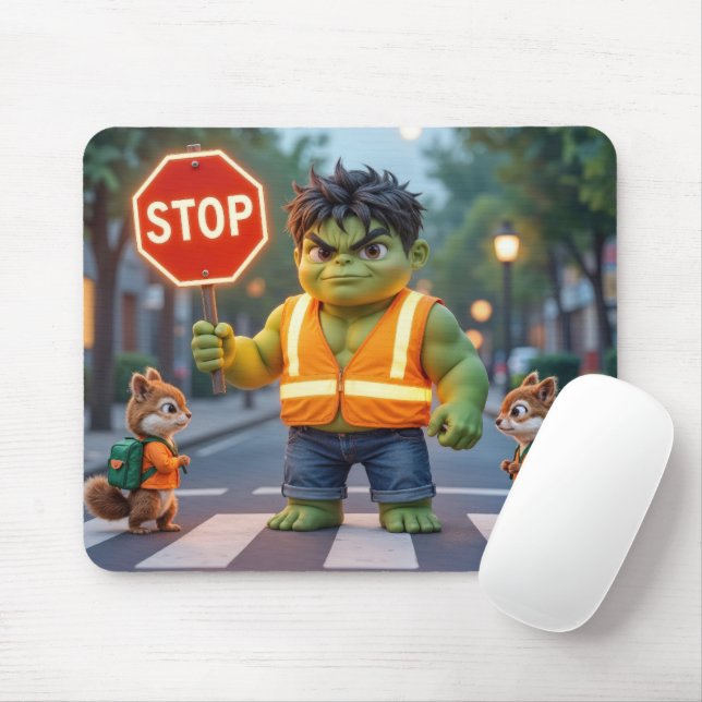 Green Superhero Crossing Guard With Chipmunks Mousepad (Mit Mouse)