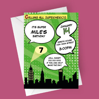 Green Superheros Comic Book Styled Birthday Party Einladung