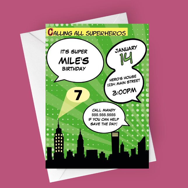 Green Superheros Comic Book Styled Birthday Party Einladung (Green Comic Book Superheros Birthday Party Invitation)