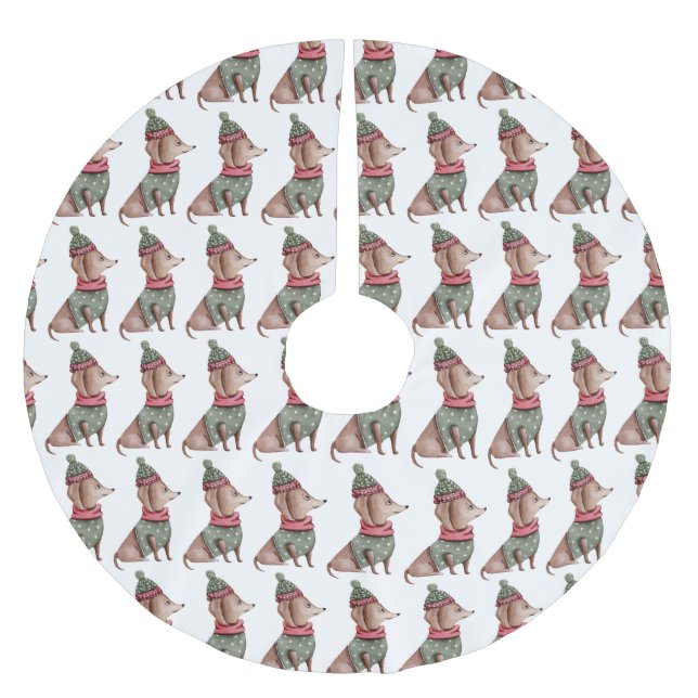 Green Sweater & Hat Dackel Weihnachtsbaumrock Polyester Weihnachtsbaumdecke (Vorderseite)
