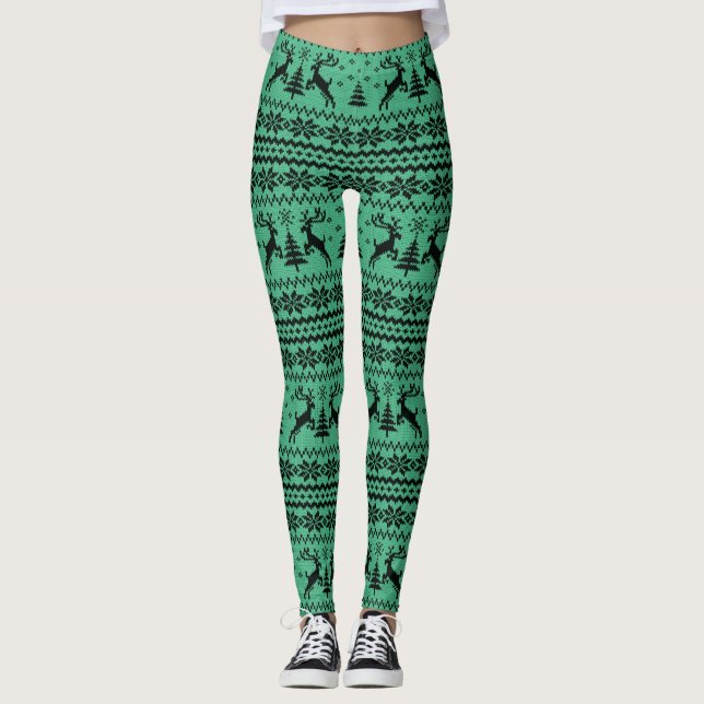 Green Sweater Rentier Weihnachten Leggings (Vorderseite)