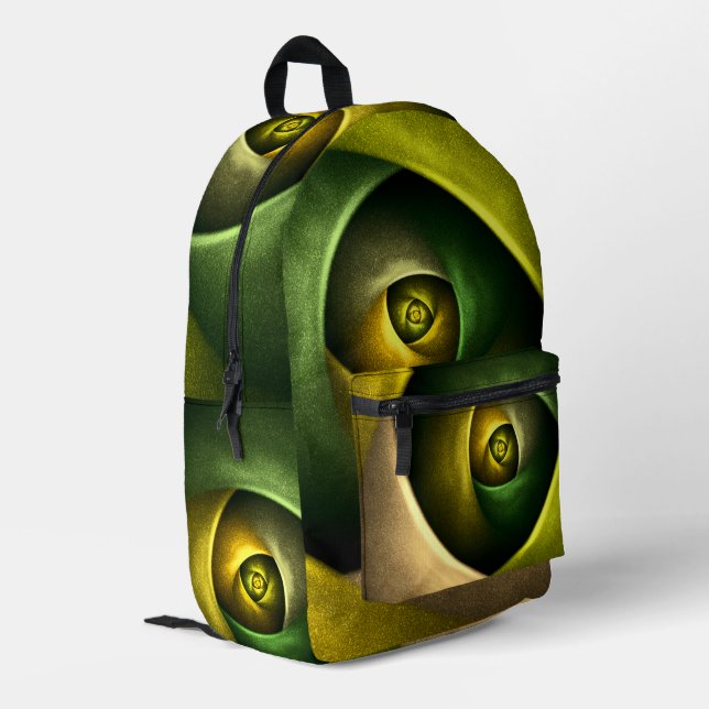 Green Swirl Floral Modernes Abstraktes Kunstmuster Bedruckter Rucksack (Rückseitige Ecke links)