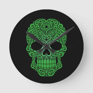 Green Swirling Sugar Skull on Black Runde Wanduhr