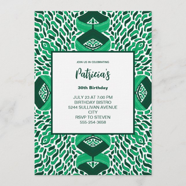 Green Symmetric Pattern Birthday Invitation Einladung (Vorderseite)