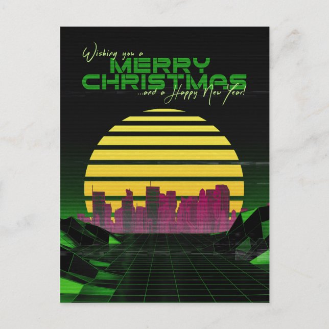 Green Synthwave Christmas Feiertagspostkarte (Vorderseite)