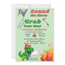 Green T Rex Firemans 4. Geburtstags-Party Einladun