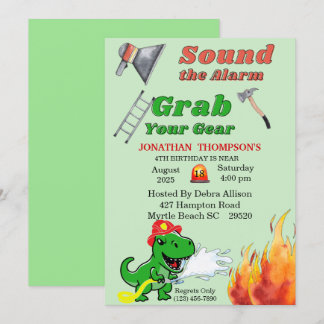 Green T Rex Firemans 4. Geburtstags-Party Einladun Einladung