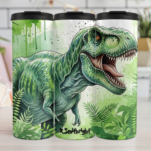 Green T-Rex Jungle Watercolor Roar Thermosbecher (Von Creator hochgeladen)