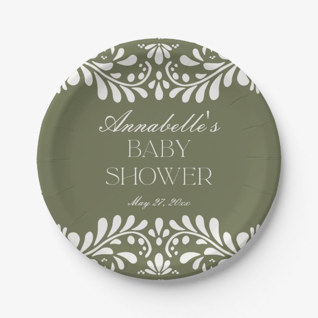 Green Talavera Tile Spanische Fiesta Babydusche Pappteller (Vorderseite)