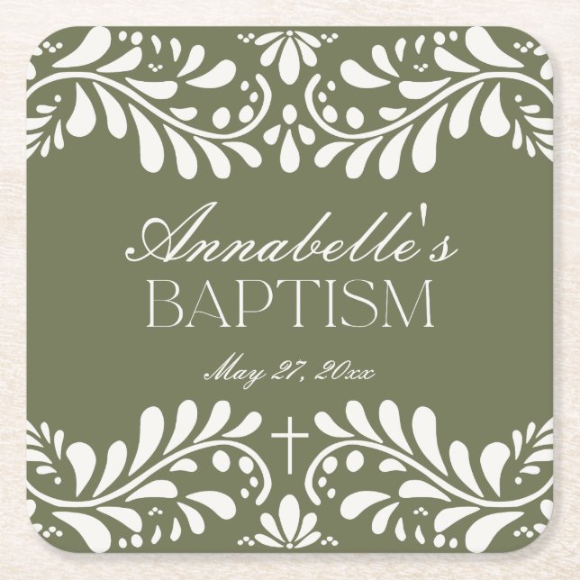 Green Talavera Tile Spanische Fiesta Taufe Rechteckiger Pappuntersetzer (Vorderseite)