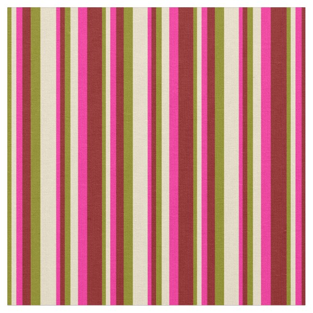 Green, Tan, Deep Pink und Maroon Lines Stoff (Nahaufnahme)