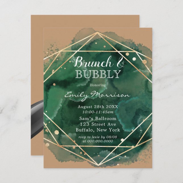 Green Tan Gold Brunch & Bubbly Einladung (Vorne/Hinten)