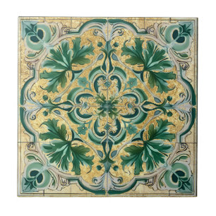 Green Tan Gold Look Talavera Azulejo Tile Fliese