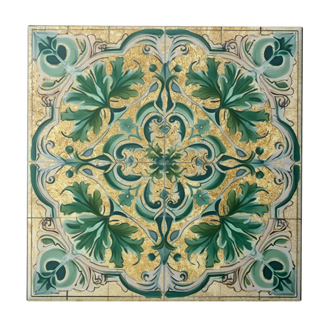 Green Tan Gold Look Talavera Azulejo Tile Fliese (Vorderseite)