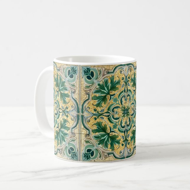 Green Tan Gold Look Talavera Azulejo Tile Kaffeetasse (Vorderseite Links)