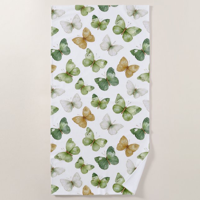 Green Tan White Butterflies Strandtuch (Vorderseite)