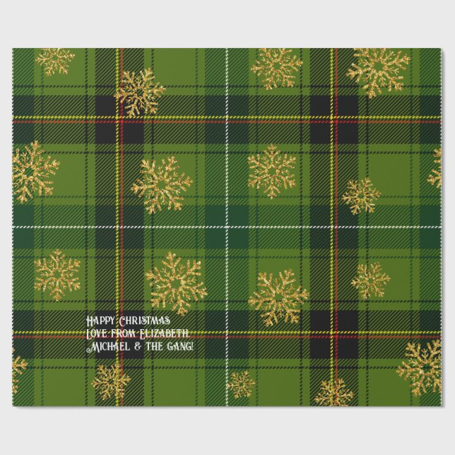 Green Tartan Gold Snowflake Personalisierte Weihna Geschenkpapier (Flach)