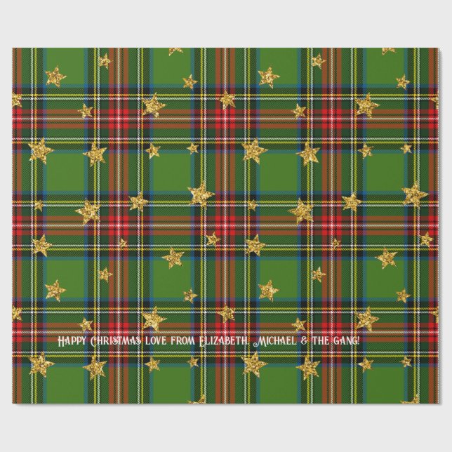 Green Tartan Gold Star Personalisierte Weihnachten Geschenkpapier (Flach)