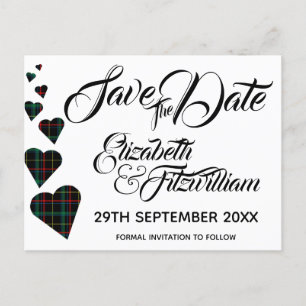 Green Tartan Hearts Save the Date Postkarte